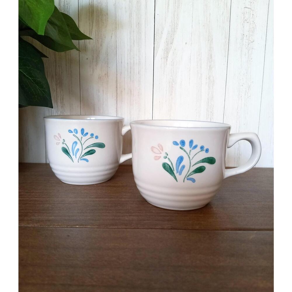 Vintage Fascino Stoneware Coffee Mugs: Pink & Blue Floral, Made in Japan
